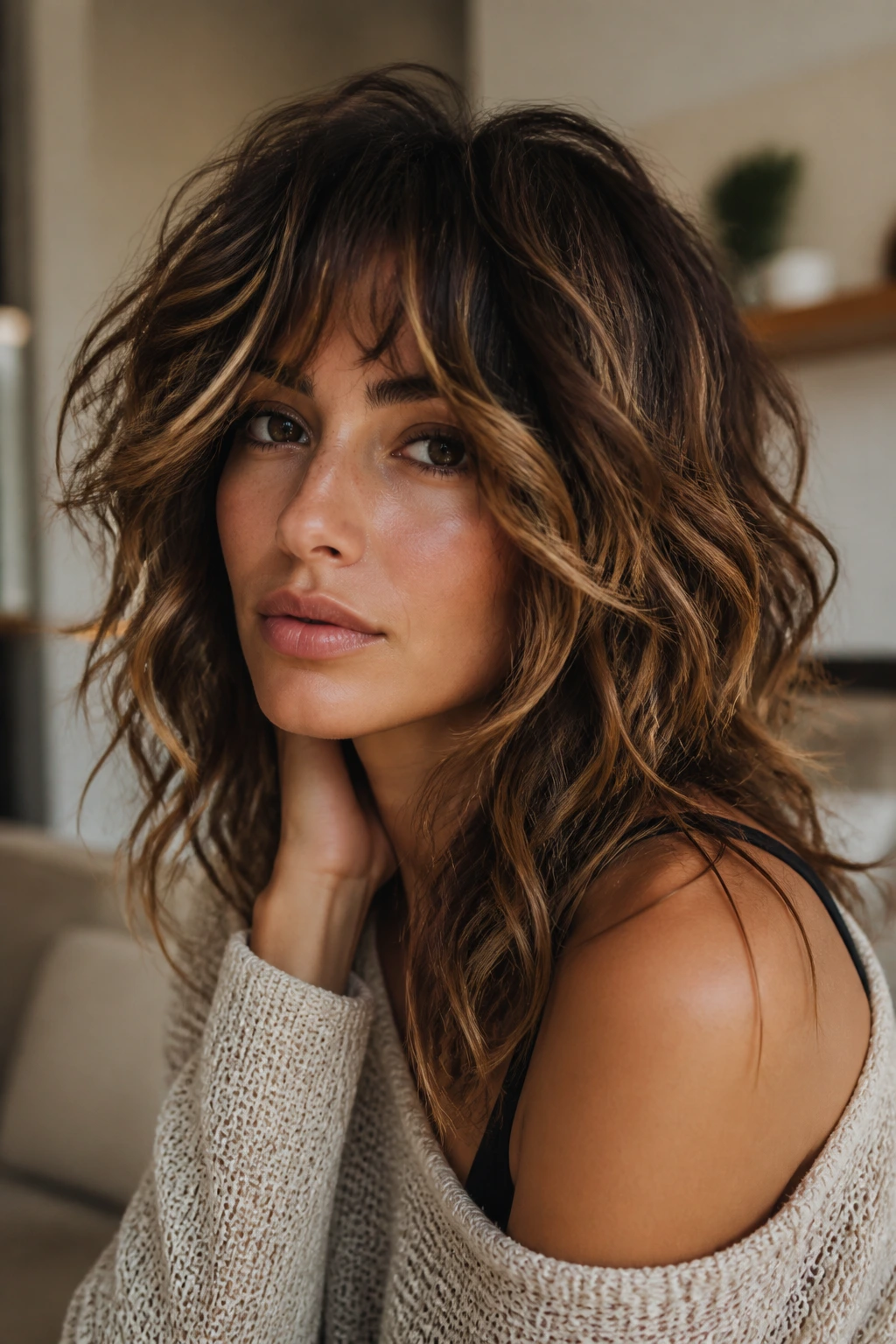 Close-up portrait of a real woman with a wavy shag and caramel highlights