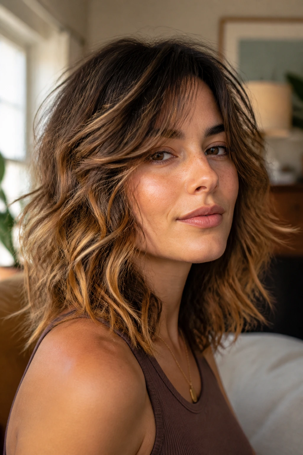 Close-up portrait of a real person with a wavy shag and caramel highlights