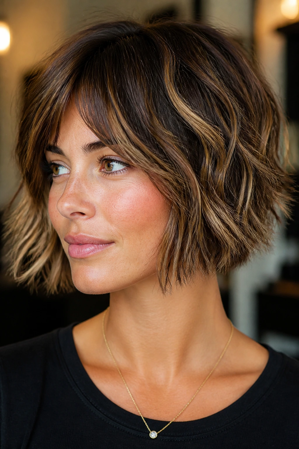 Real person with chin-length choppy shag and caramel ribbons