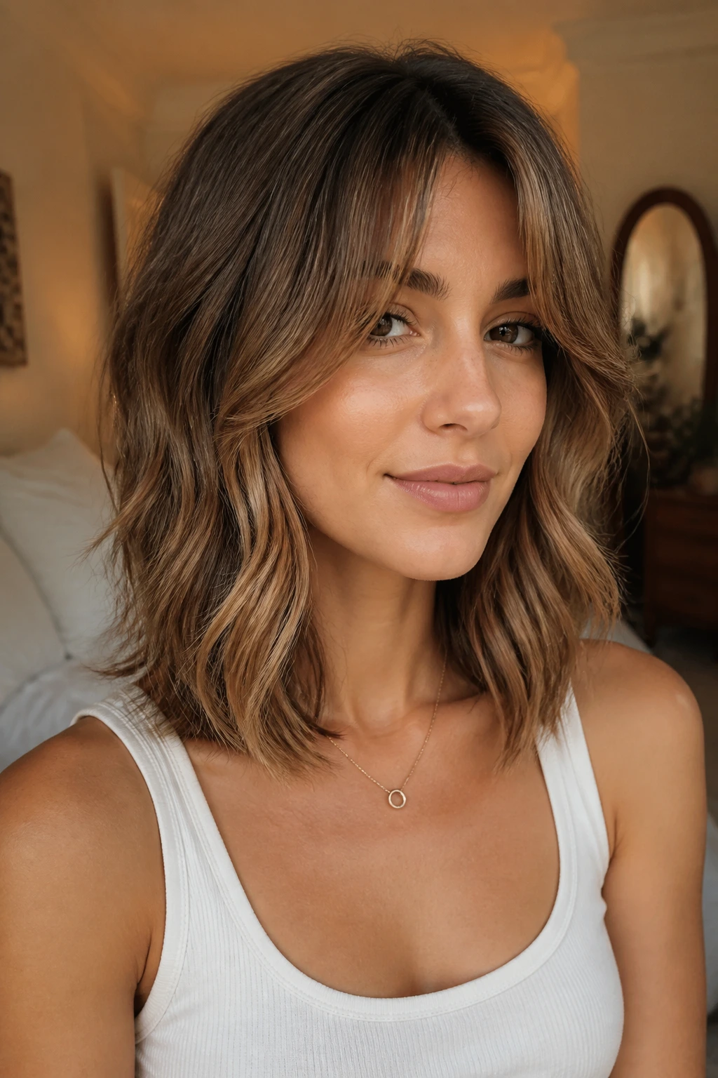Realistic close-up of collarbone-length shag with curtain bangs and caramel highlights