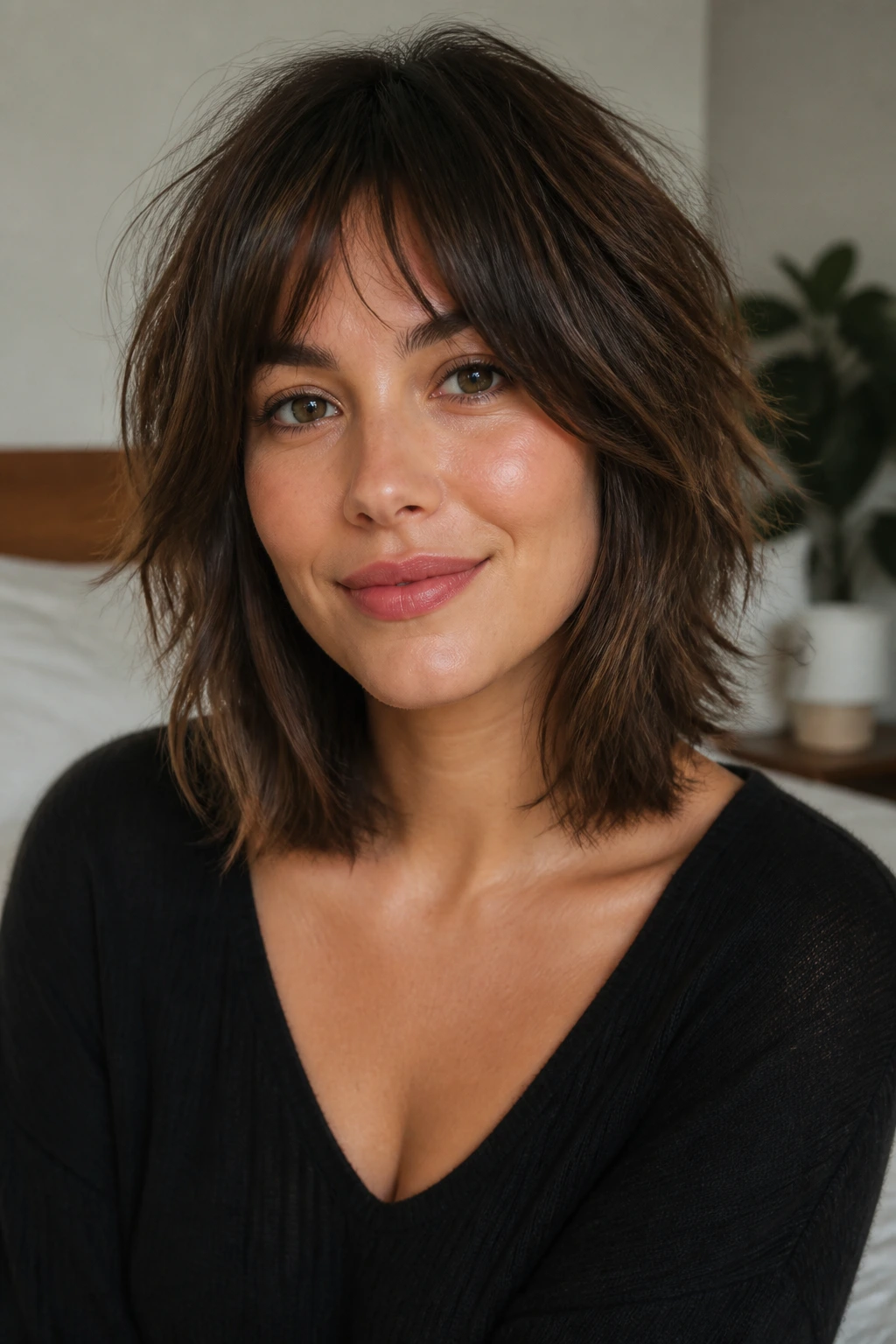 Close-up portrait of a woman with a collarbone-length tousled shag hairstyle in natural window light