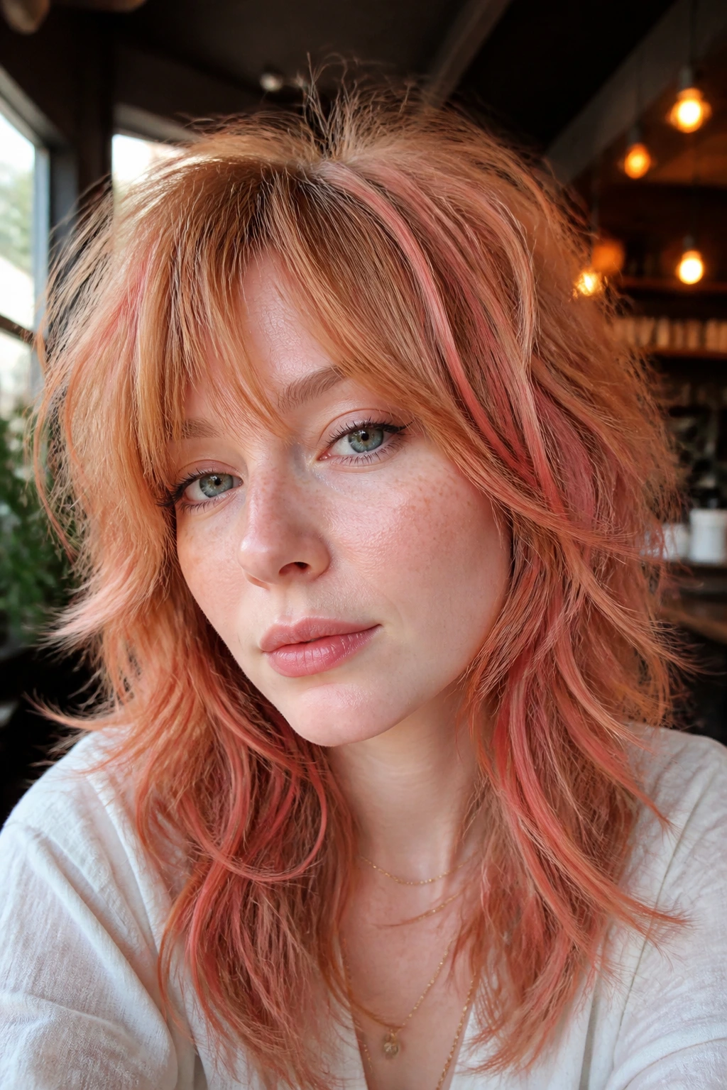 Close-up of a real woman with an airy shag and copper-pink ribbons in strawberry base