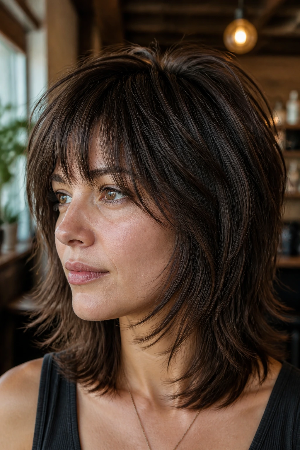 Close-up of a real woman with hidden crown layers in a shag hairstyle.
