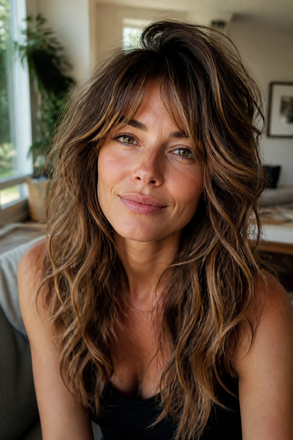 Close-up portrait of a real woman with crown lift and textured waves