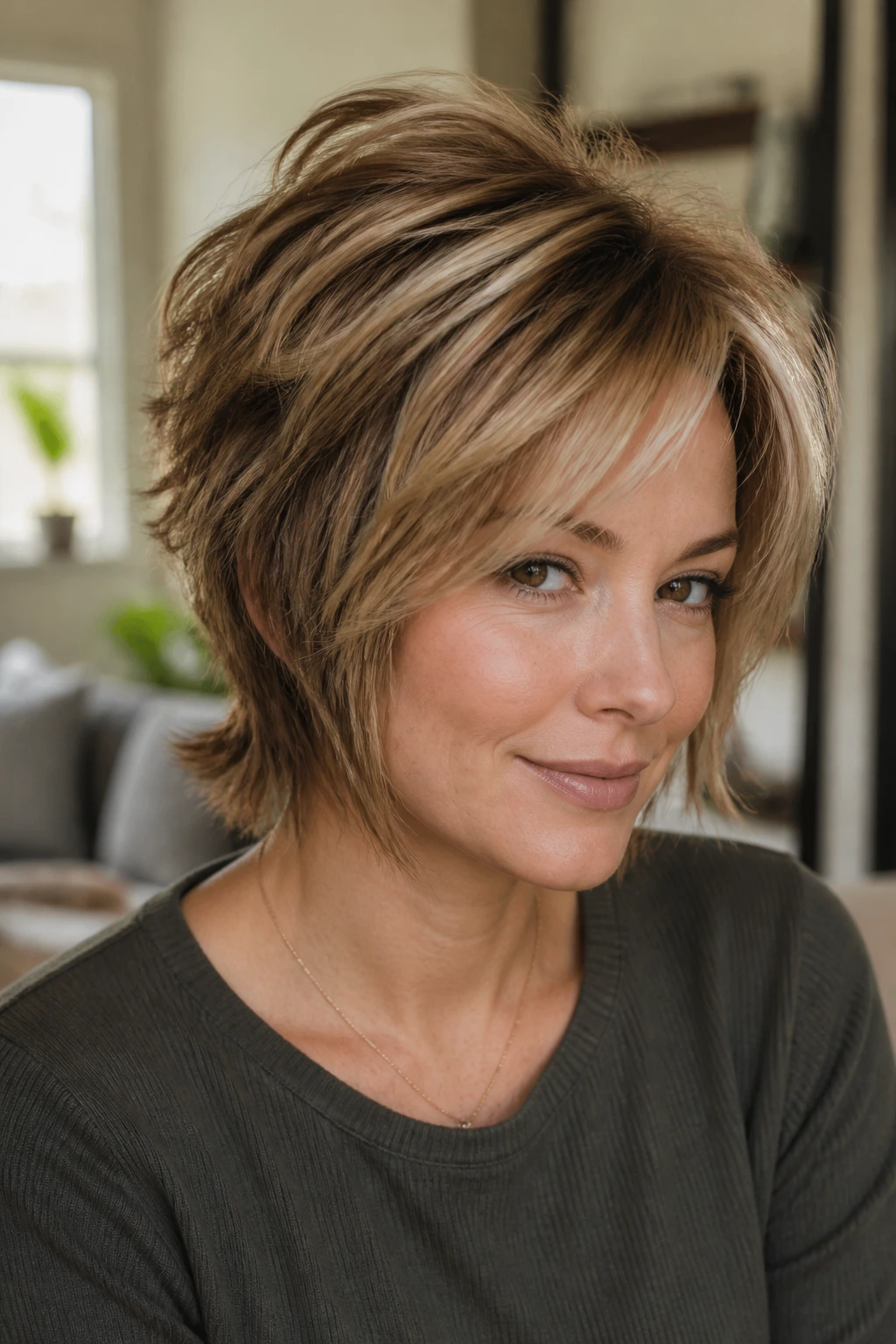Close-up portrait of a real woman with inverted mini shag and crown lift with caramel highlights