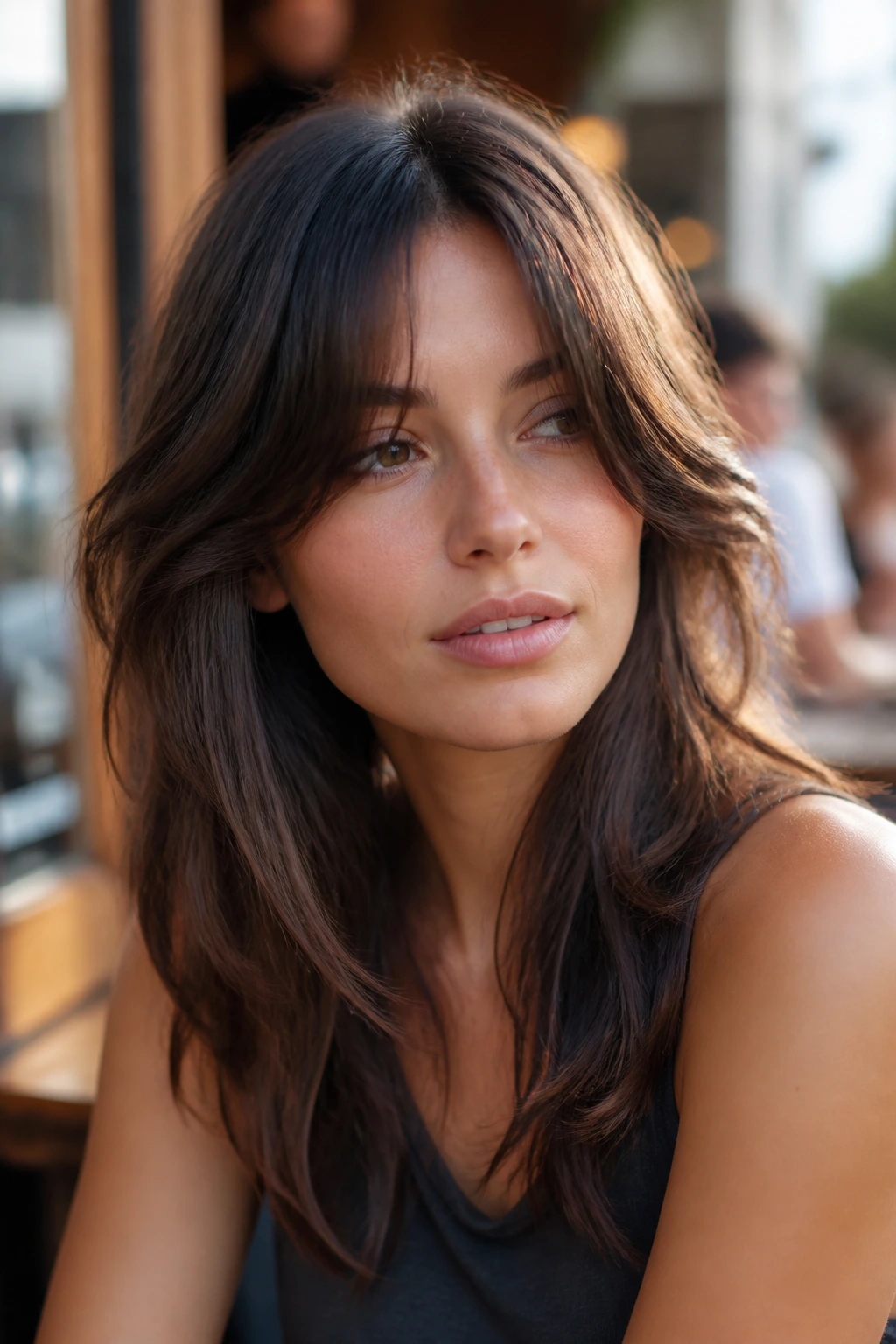 Close-up of a real woman with shag-softened curtain bangs showing movement in front layers.