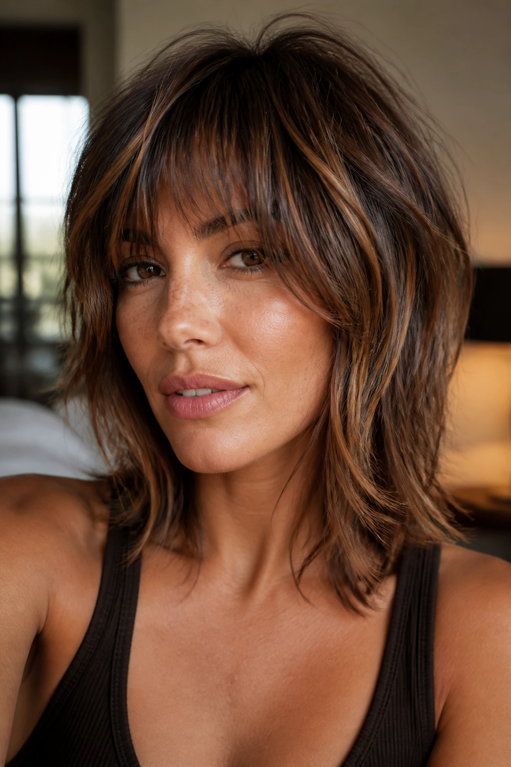 Close-up of real woman with shag cut and caramel flickers in fringe, warm window light.