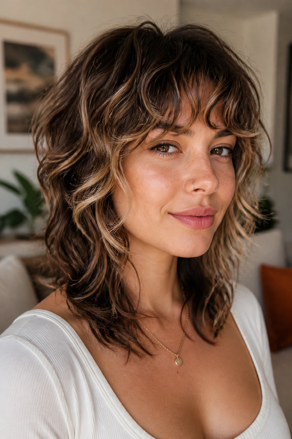 Close-up of shag cut with airy curly bangs and beige money piece on a real person