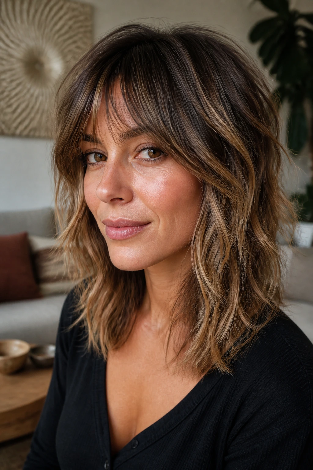 Close-up of real woman with shag cut and toffee lowlights, textured hair and warm indoor light.