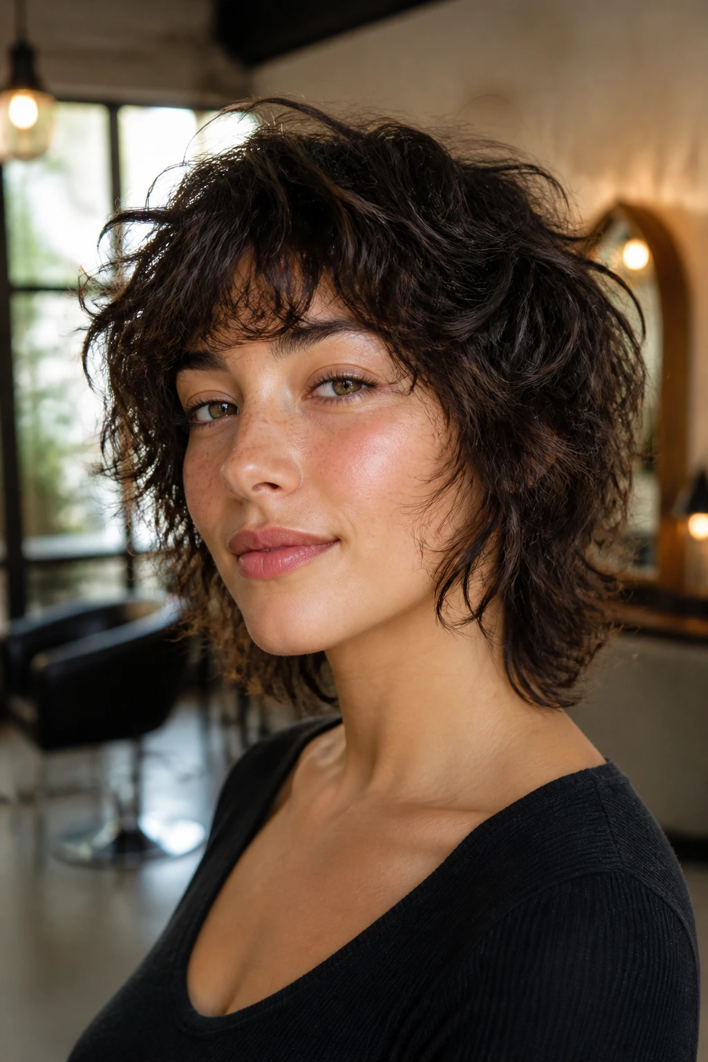 Portrait of a real person with a density-aware wavy short shag haircut