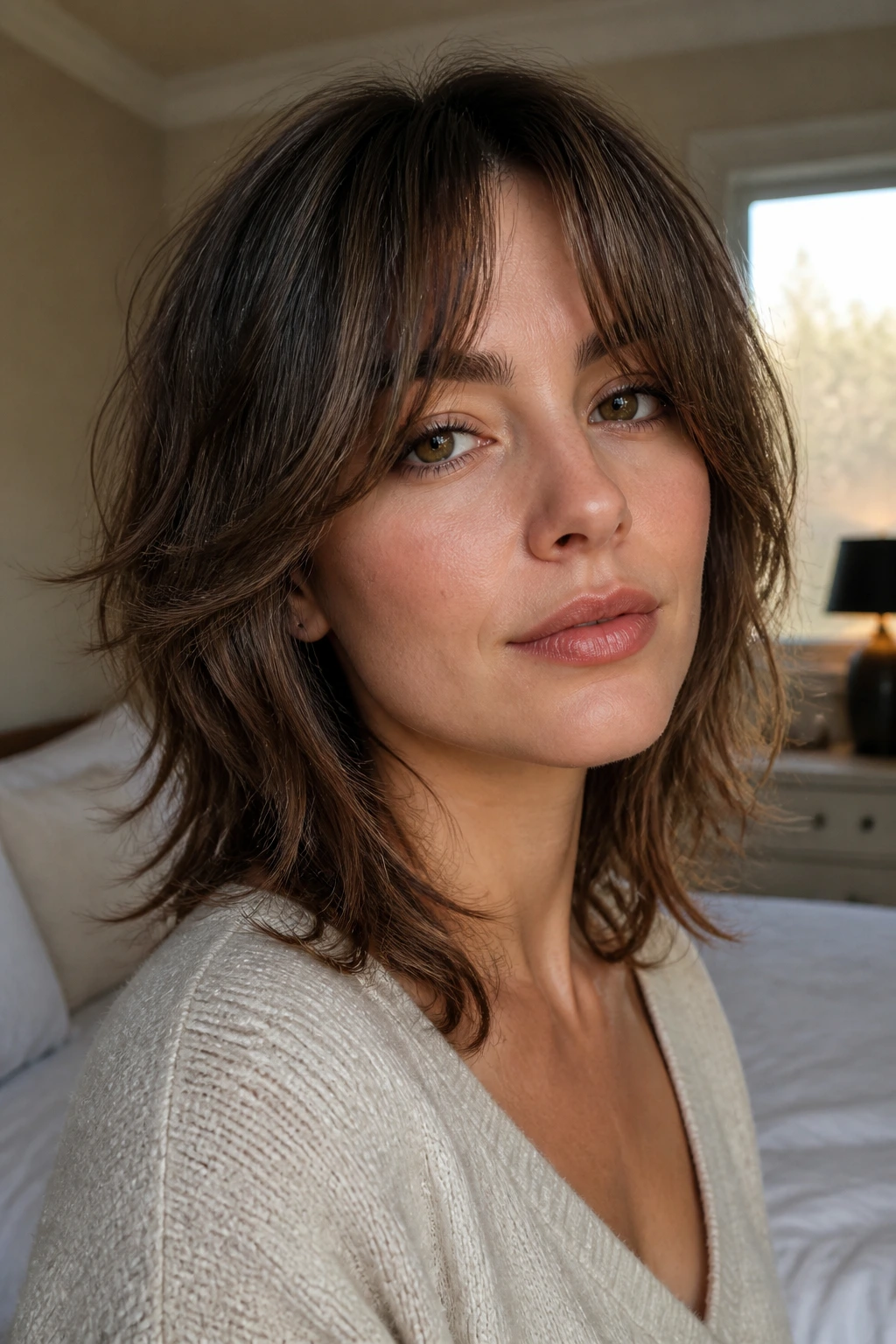 Close-up portrait of a real woman with a shag haircut for fine hair and curtain bangs in warm bedroom light