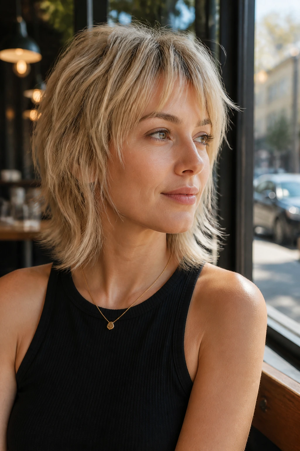 Medium close-up of a real person with a light broken fringe and balanced layers in cafe daylight.