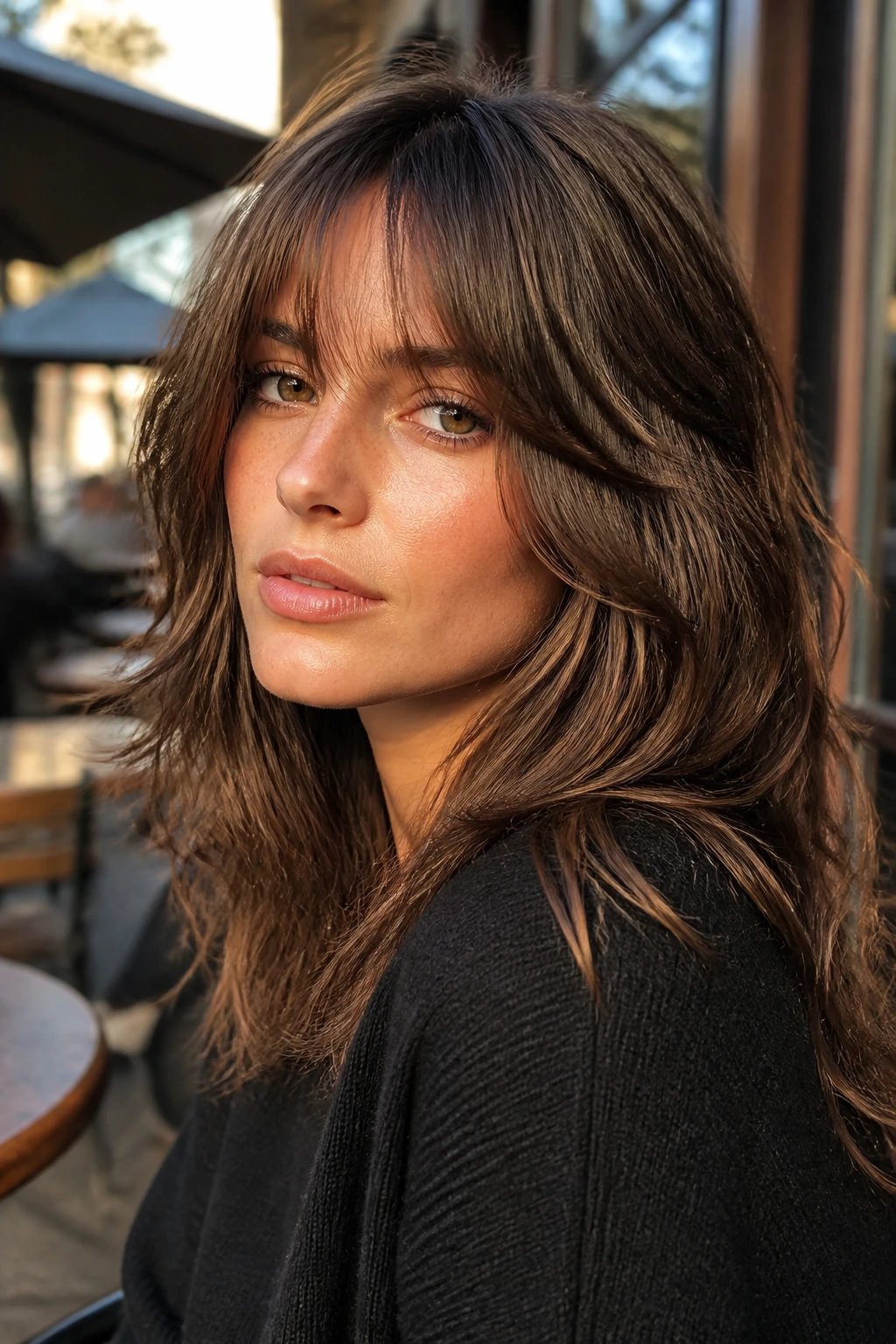 Real woman with shag fringe and face-framing layers in soft outdoor cafe light