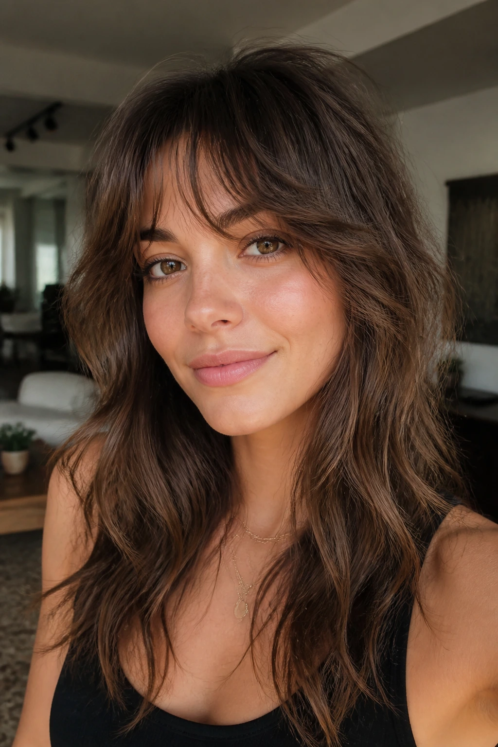 Close-up of a real woman with shag-blended fringe blending into layered hair.