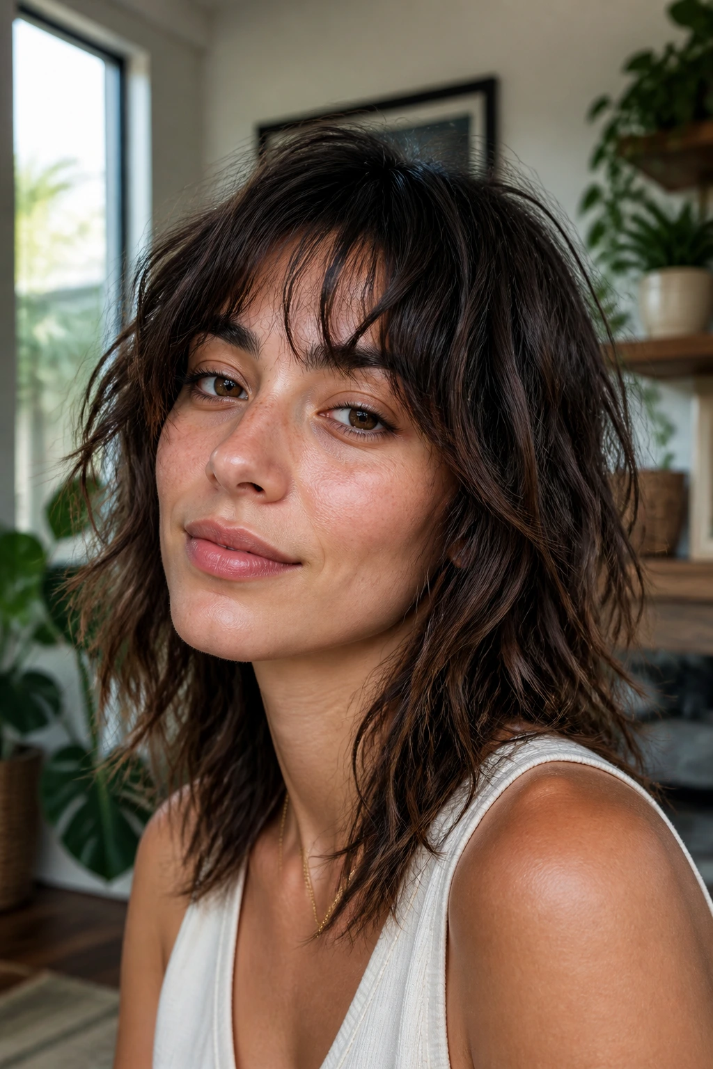 Close-up of an oval-faced woman with a piecey shag and light fringe.