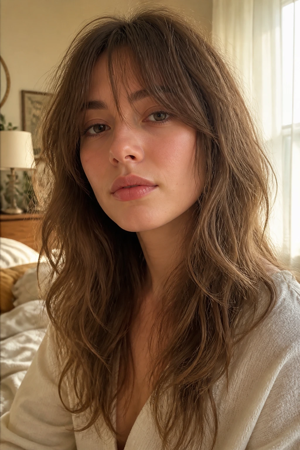 Close-up of a real woman with a grown-out shag and long fringe in a cozy bedroom.