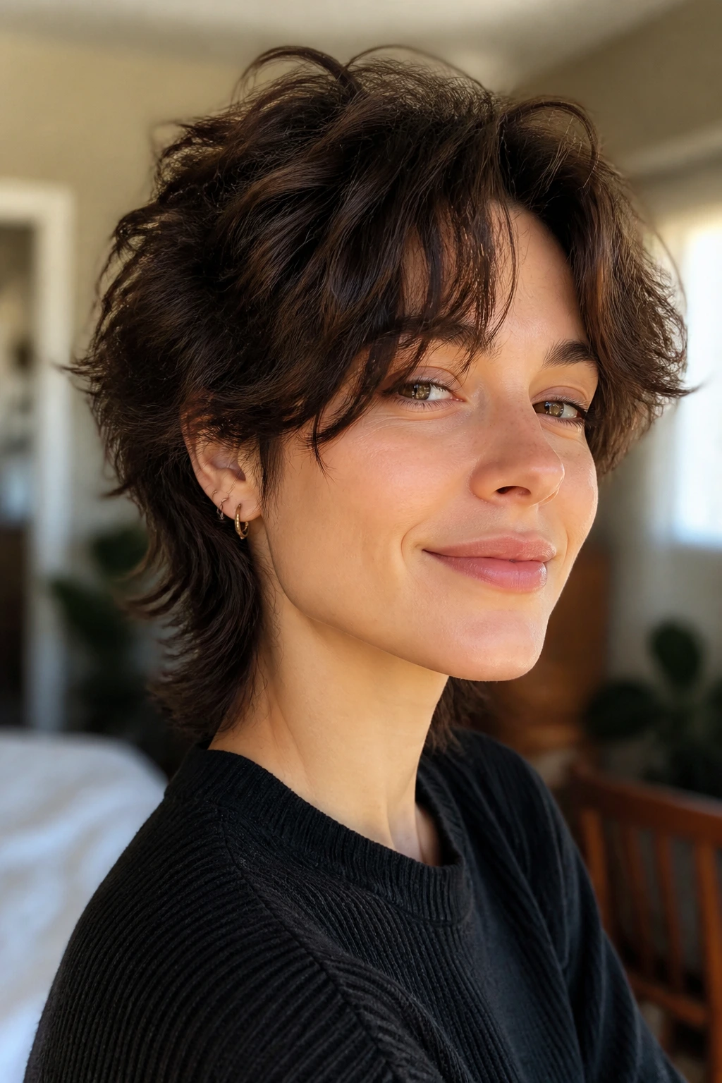Portrait of a shag haircut in grow-out phase with lifted crown