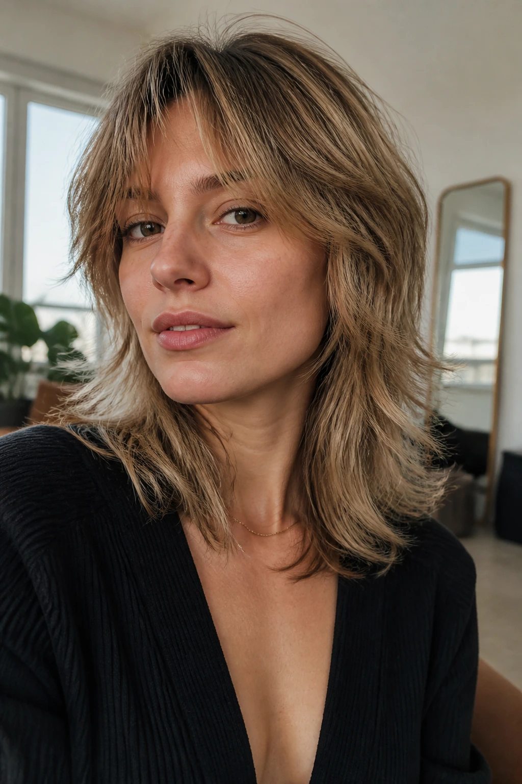 Portrait of a woman with growing-out medium shag showing soft shape