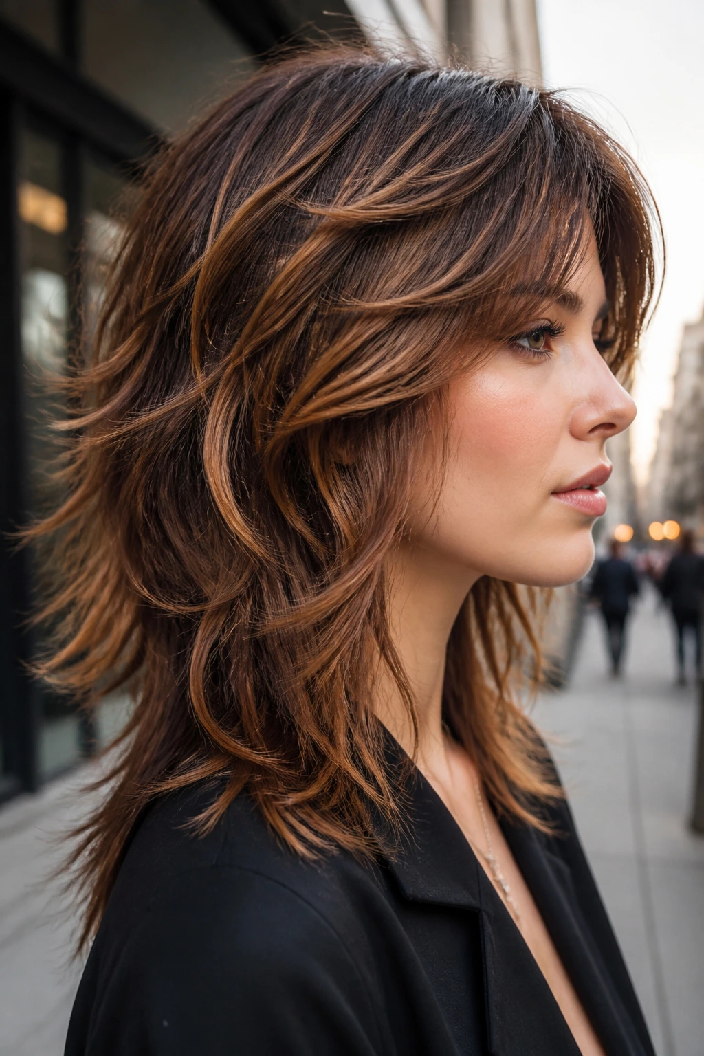 Close-up of a woman with dimensional chestnut caramel shag showing ribbon highlights
