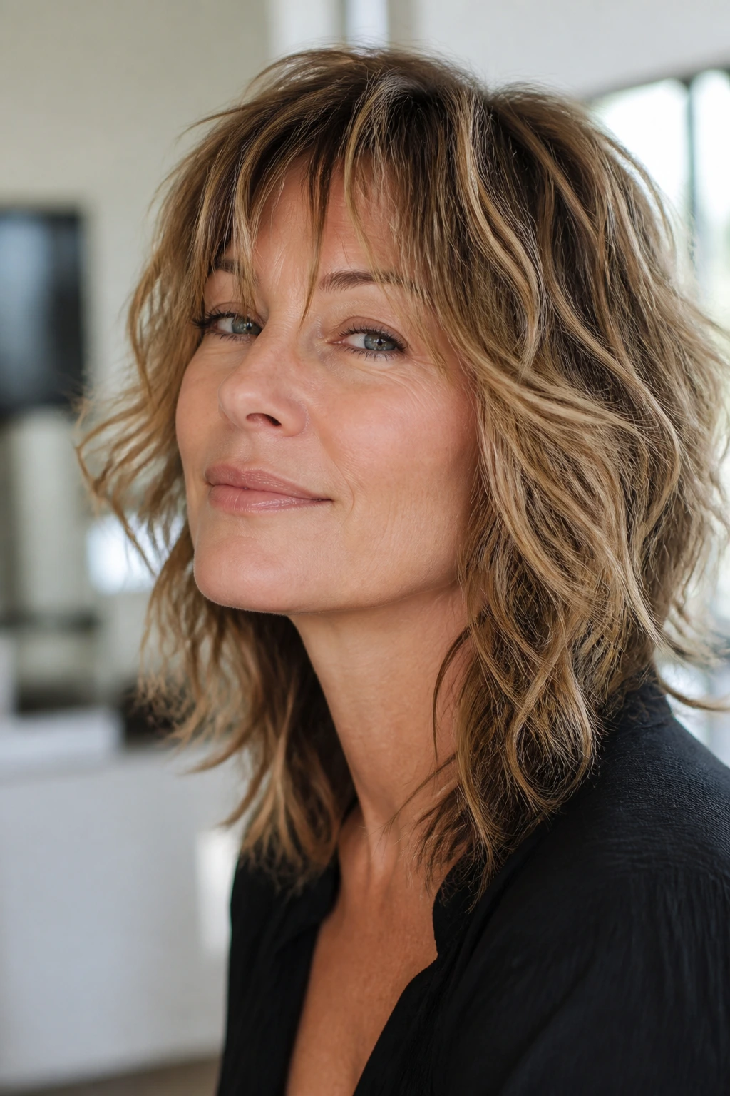 Portrait of a real woman with a medium shag haircut and beachy waves