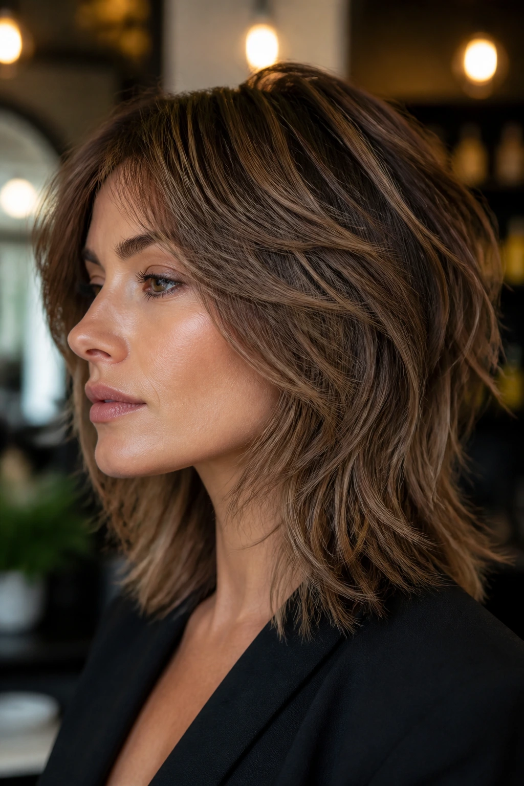 Close-up side-profile of real woman with layered shag showing cheekbone-level front pieces and diagonal part
