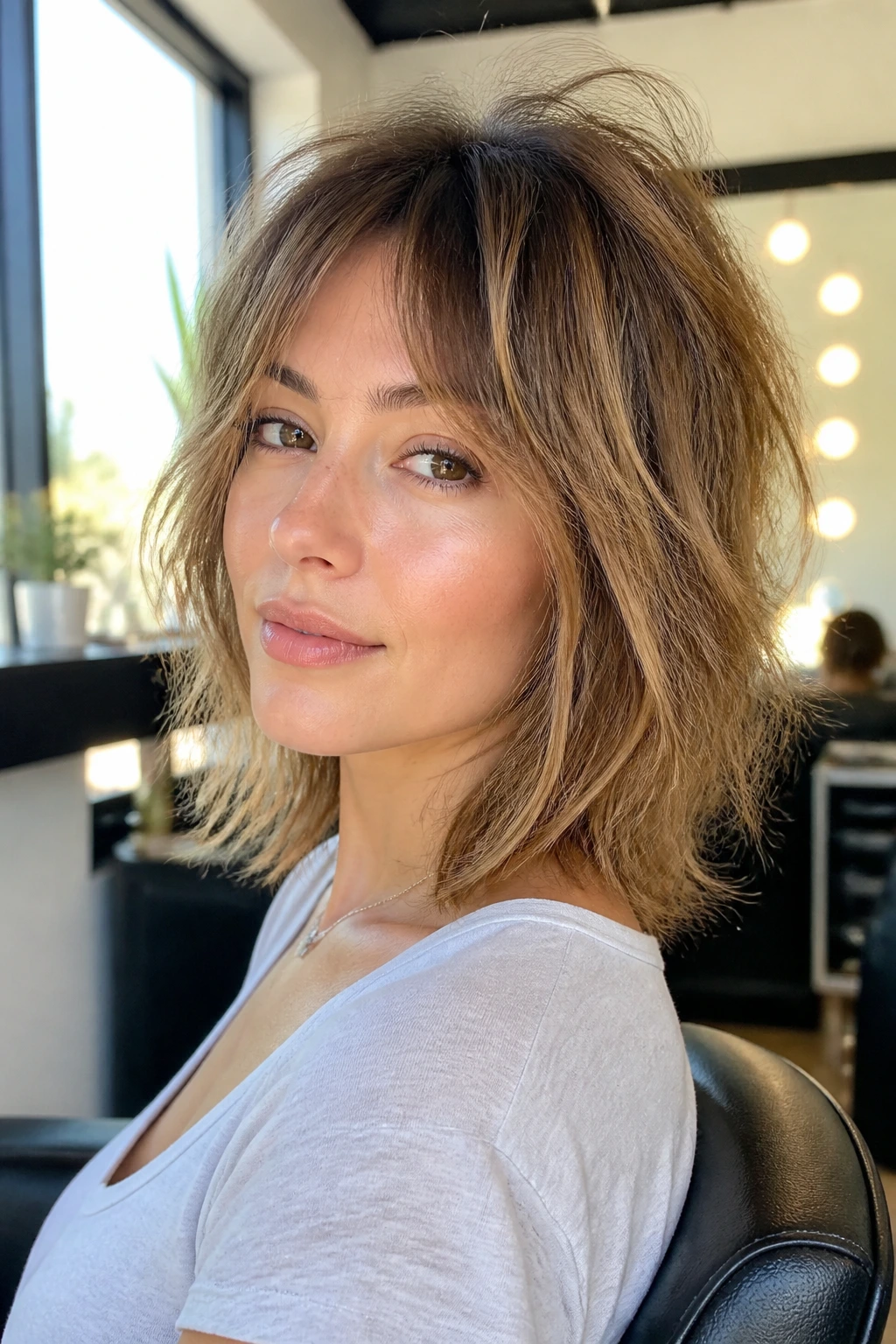 Close-up portrait of a real woman with lifted crown shag and dense hem in a salon setting
