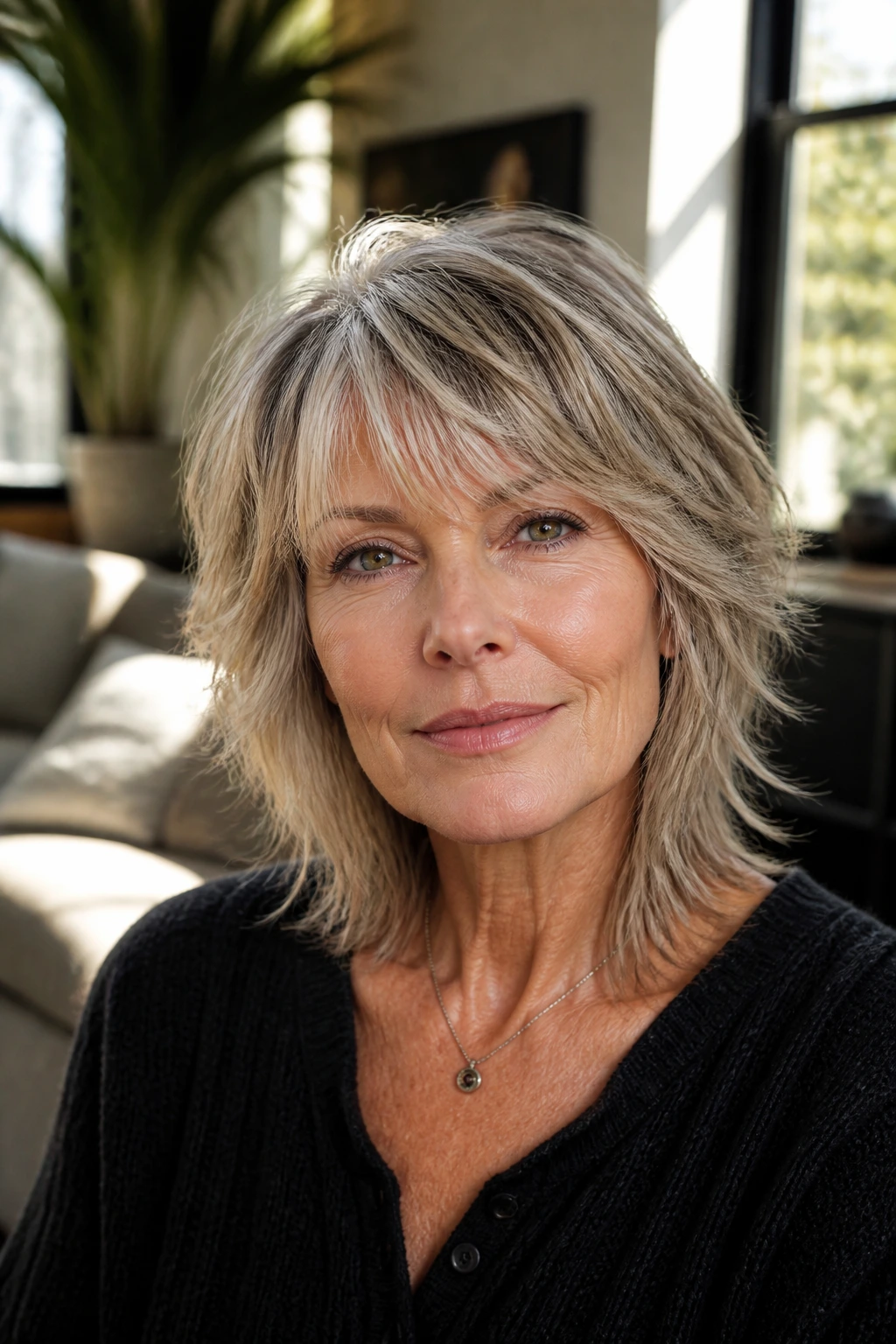 Portrait of a woman over 50 with a crisp shag showing defined crown layers in a sunlit room.