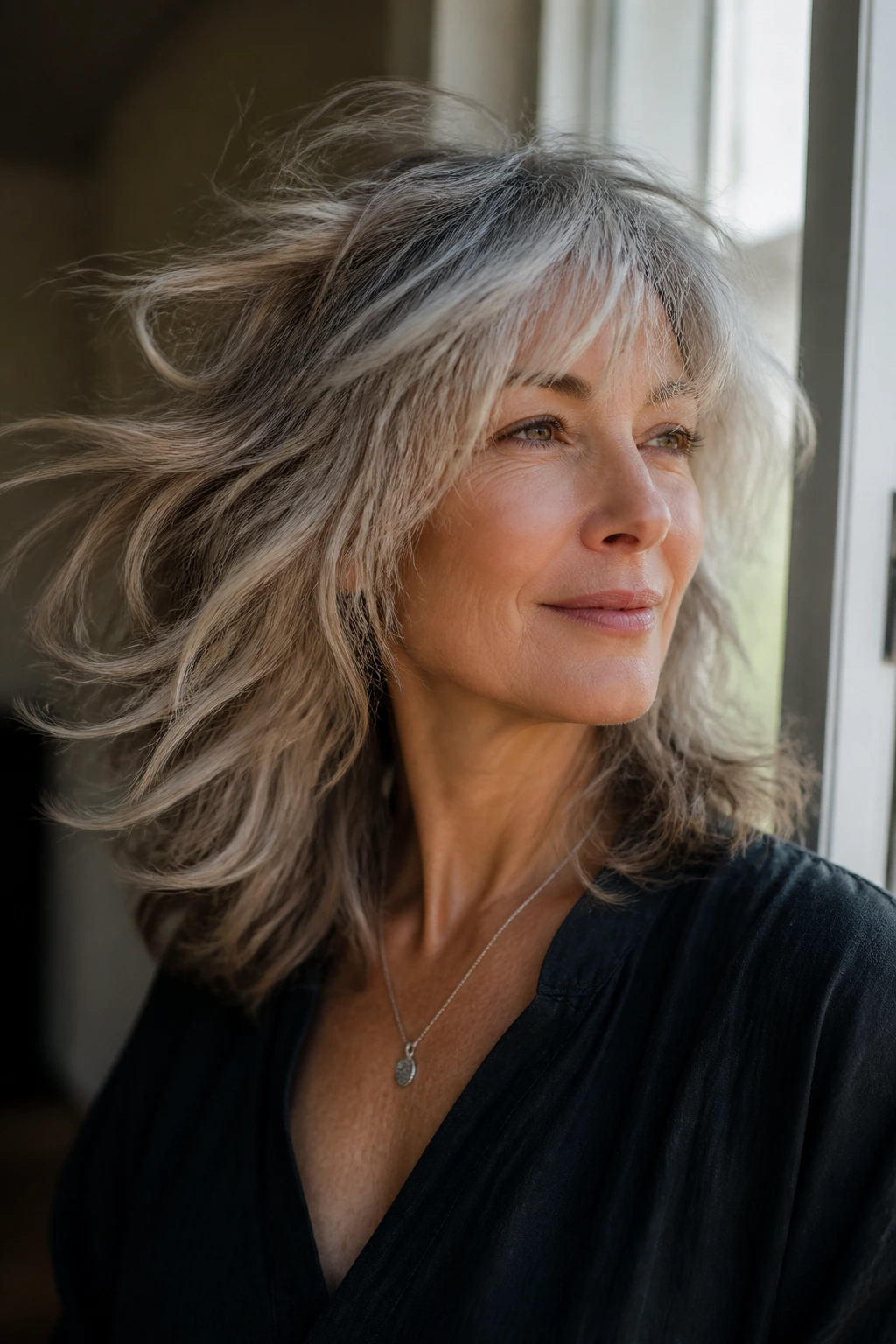 Portrait of an older woman with a moving shag haircut by a window.