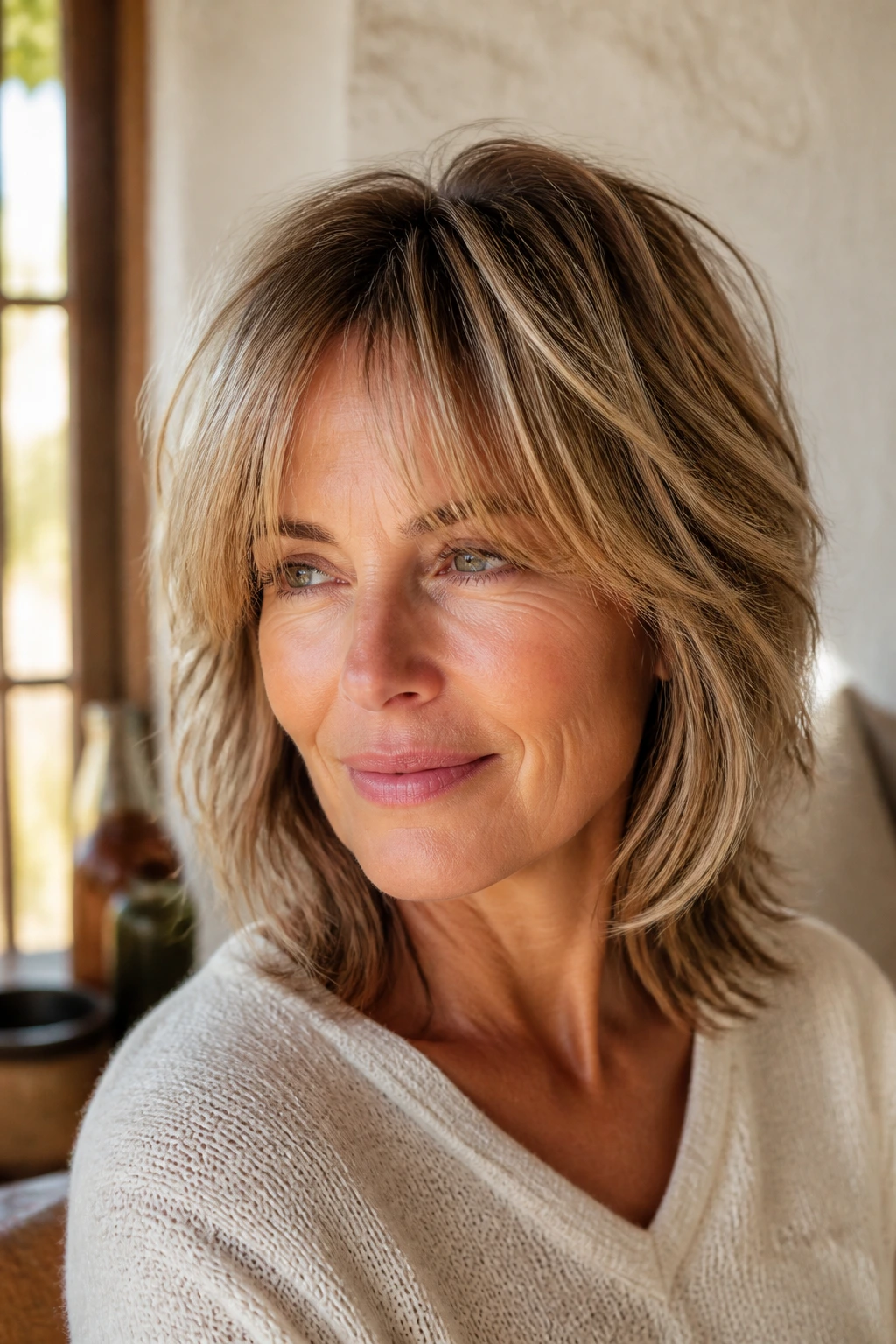 Portrait of a woman with shaggy shoulder-length cut and neck-grazing layers.