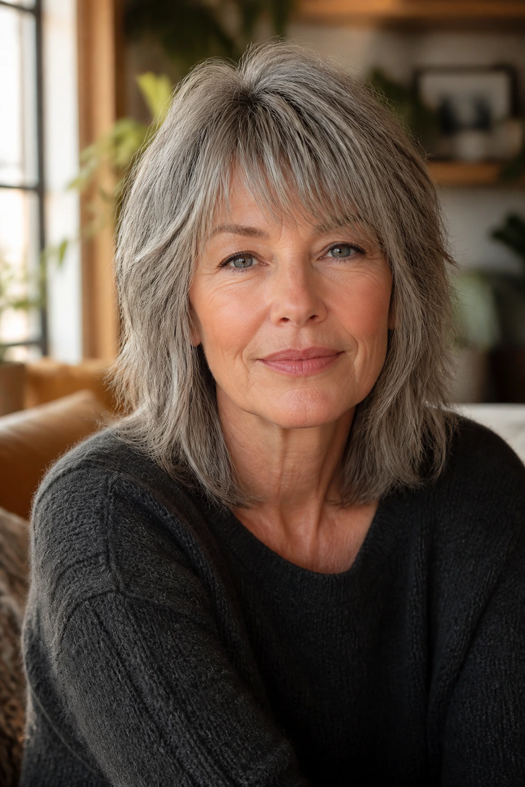 Close-up portrait of a real woman over 50 with a shoulder-length shag and soft fringe in warm light