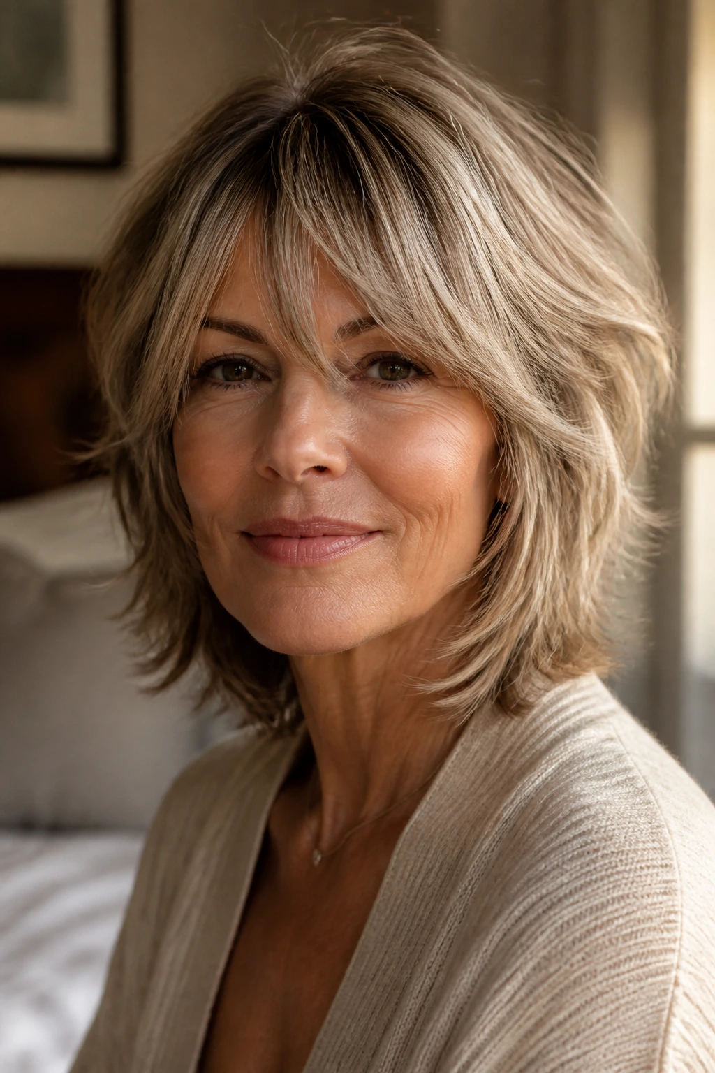 Close-up portrait of a real woman over 50 with a flattering shag haircut in soft window light