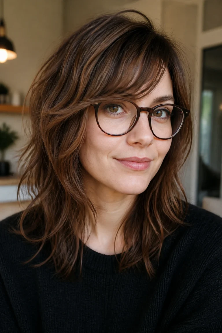 25 Glasses Hairstyles for Round Faces with Side-Swept Bangs