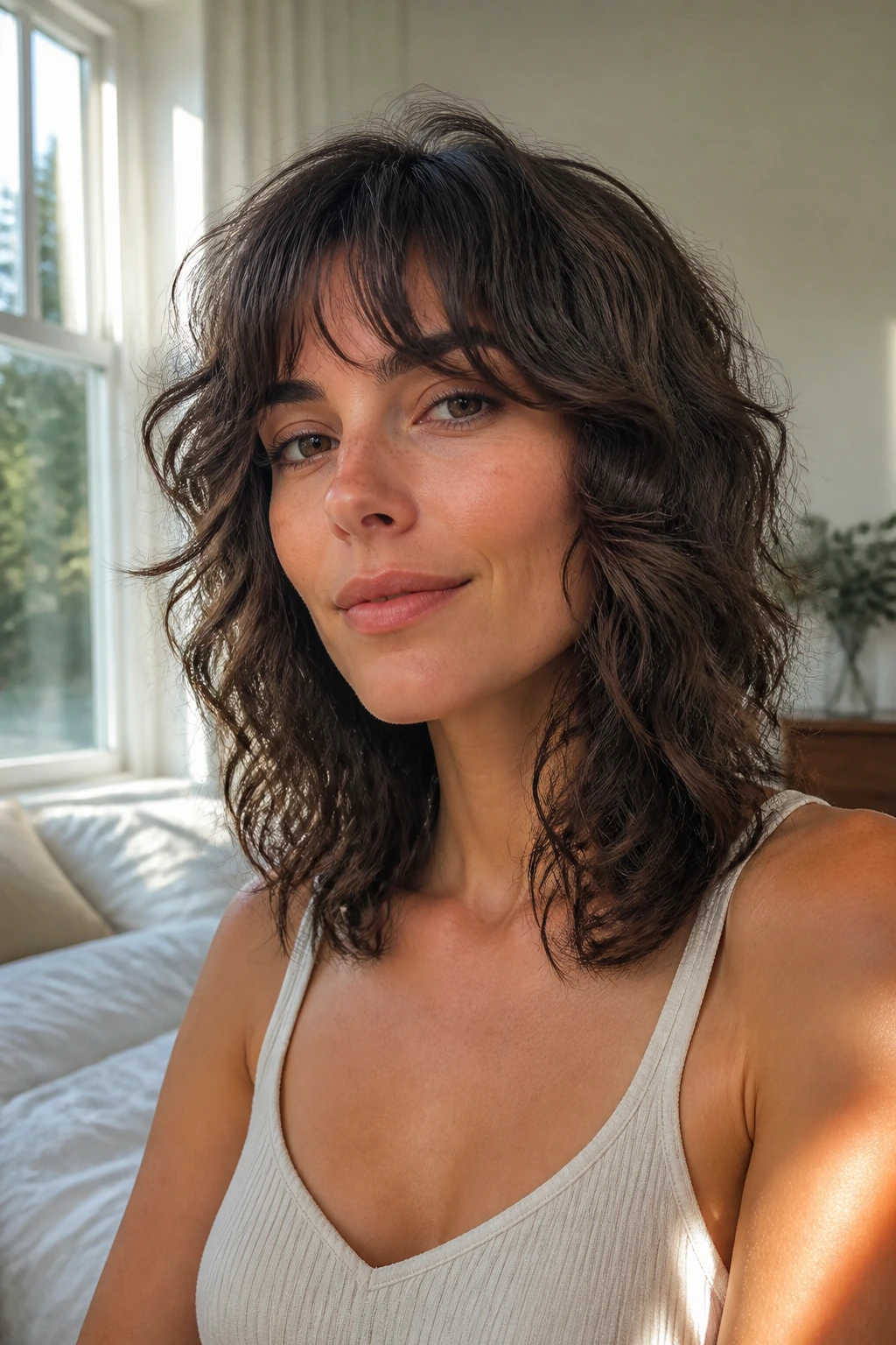 Medium close-up portrait of a real woman with a shag haircut in morning light
