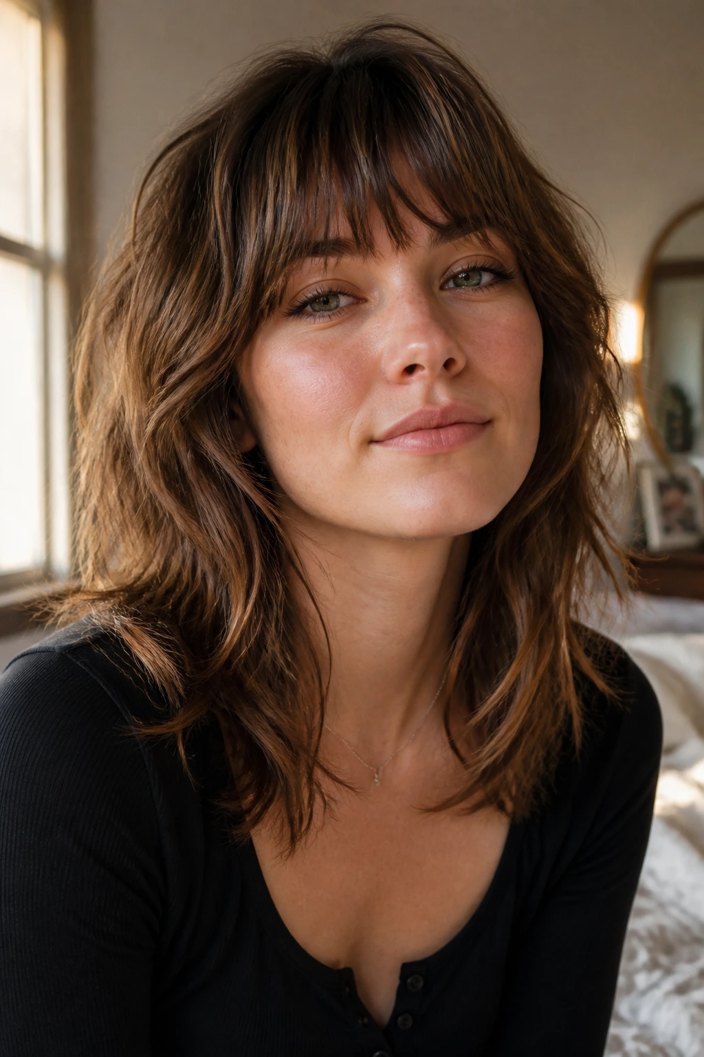 Close-up of a real woman with a medium shag haircut and soft bangs softening a square jaw