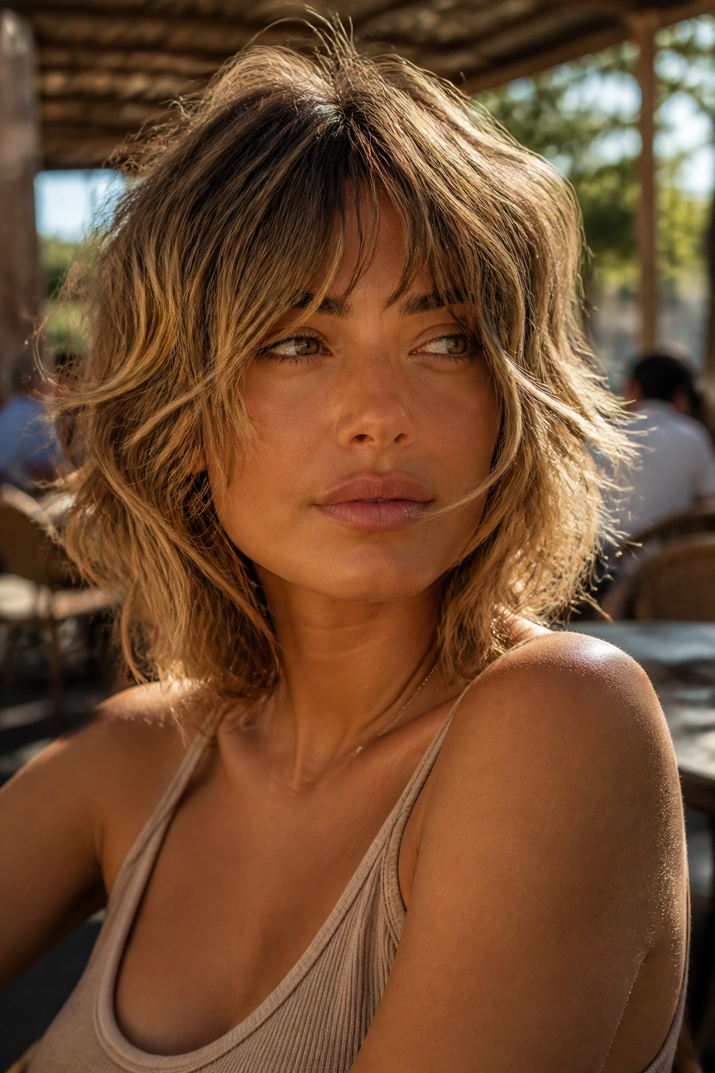 Close-up of a real woman with textured shag and sunlit blonde ends.