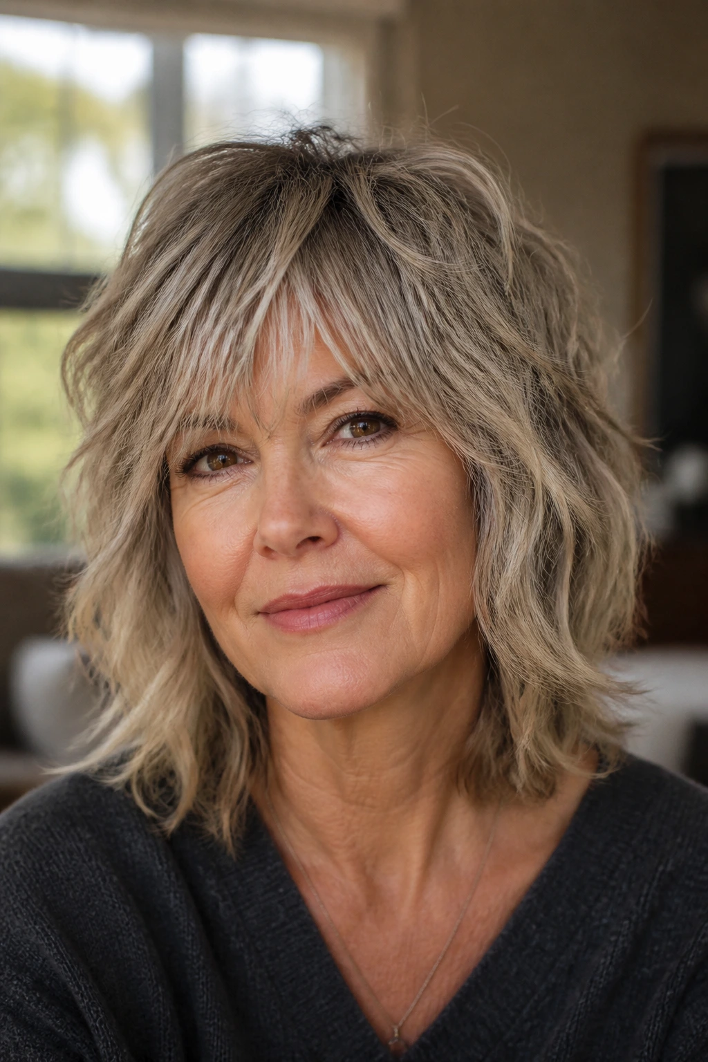 Close-up of a real woman over 50 with a soft lift shag haircut in a cozy living room.