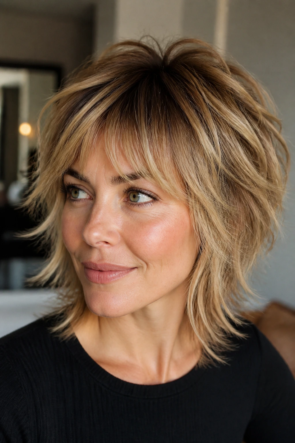 Portrait of a woman with a voluminous layered shag haircut showing crown lift