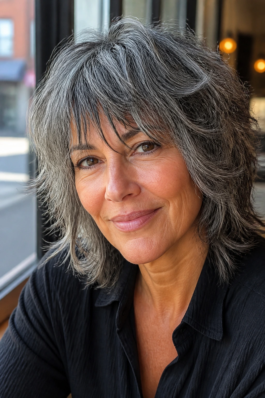 Close-up portrait of a real woman with salt-and-pepper shag haircut