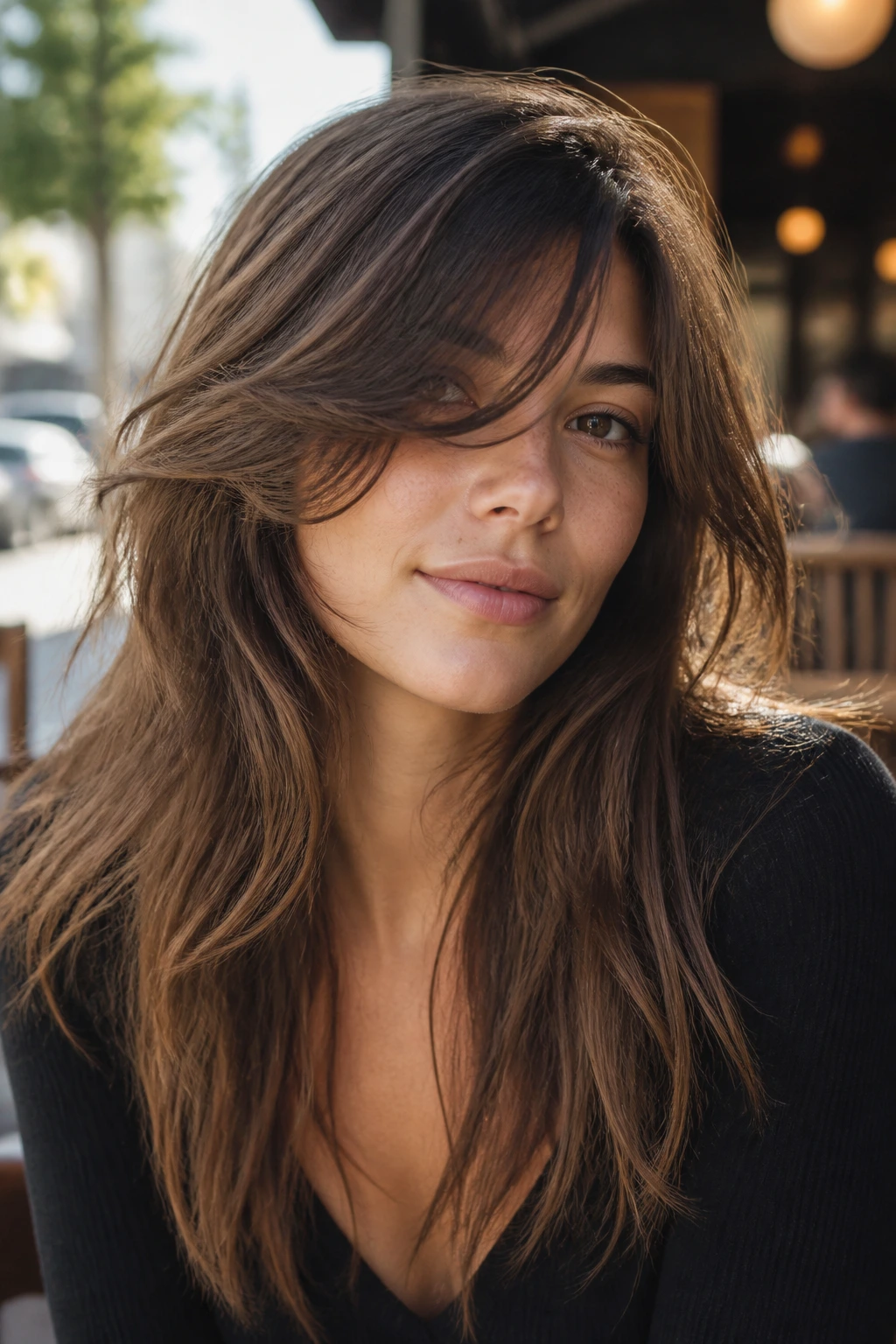 Close-up of a real woman with shag-inspired side fringe and diagonal movement