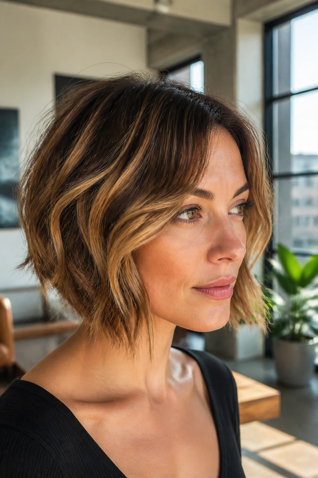 Close-up of a real woman with a shag-infused inverted bob and caramel texture