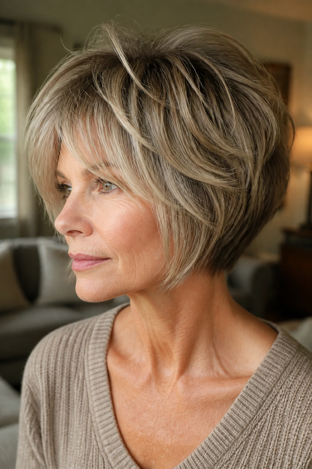 Close-up of a real woman with shag-inspired inverted bob under warm window light