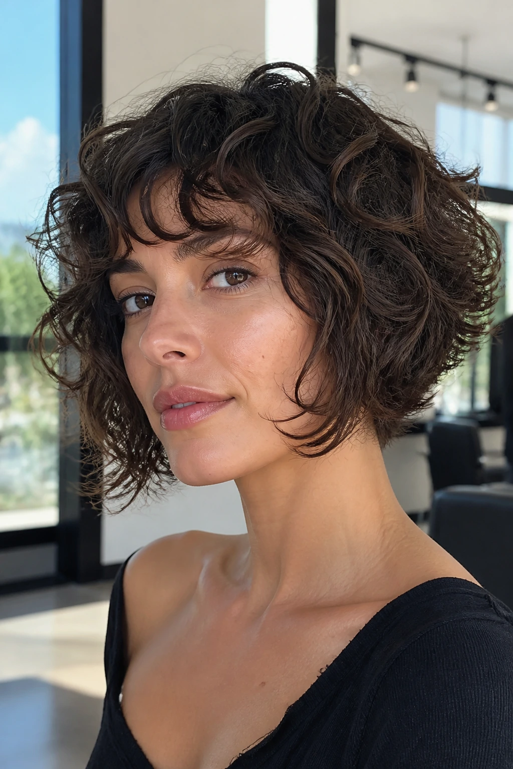 Close-up of a real woman with a shag-influenced inverted bob showing movement in a sunlit salon