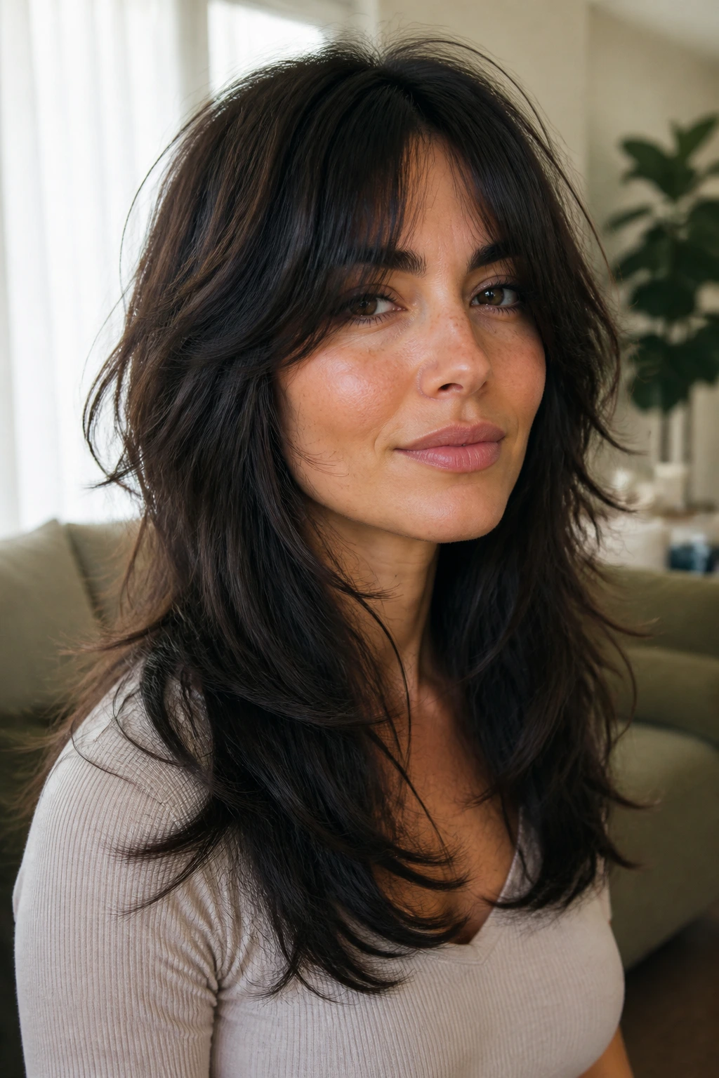 Portrait showing long shag layers removing bulk while keeping length.