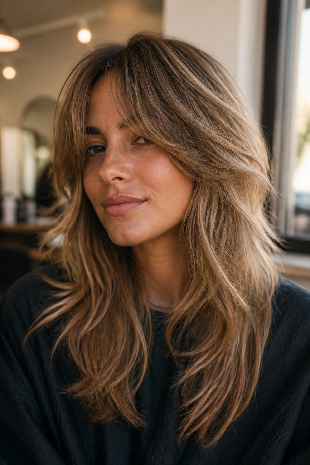 Close-up portrait of a real person showing long shag layers and swept bangs in a warm salon setting