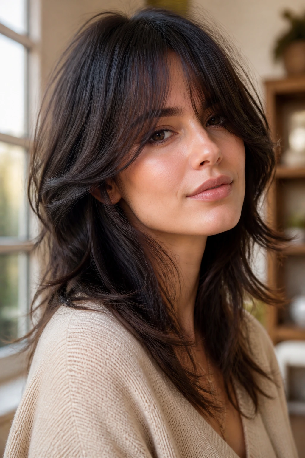 Close-up of a real woman with shag layers and loose front bend bangs in natural light