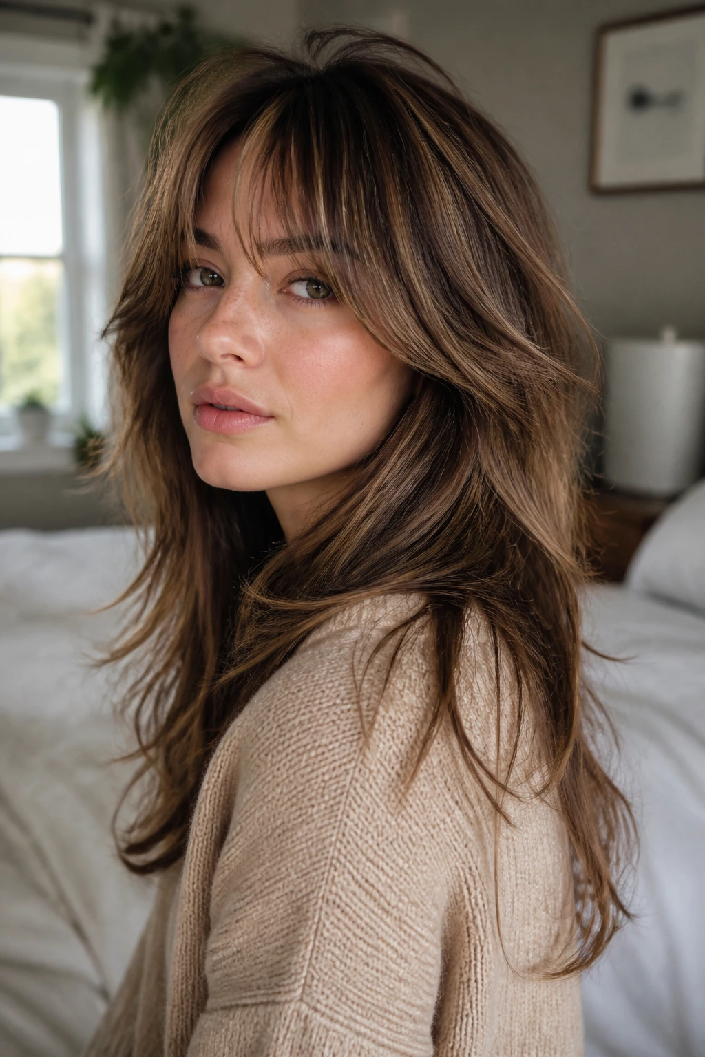 Close-up of a real woman showing long shag layers with lowlights.