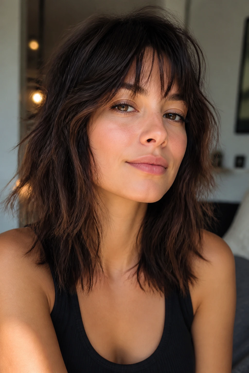 Portrait of a woman with shag layers and piecey bangs