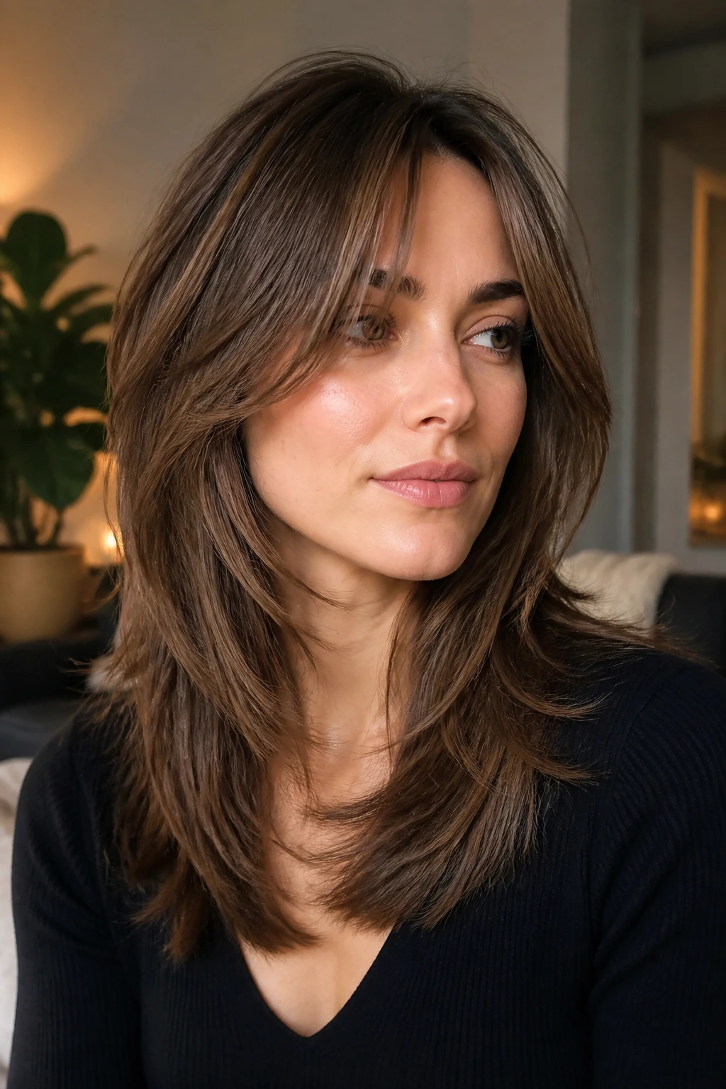 Real woman with polished grown-out shag layers.
