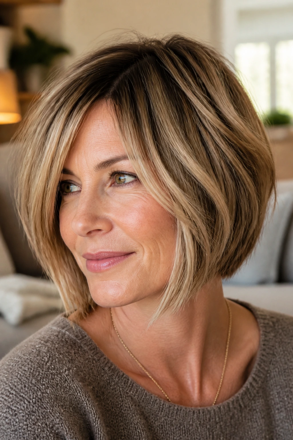 Portrait of a woman with shag-lite A-line bob and subtle texture.