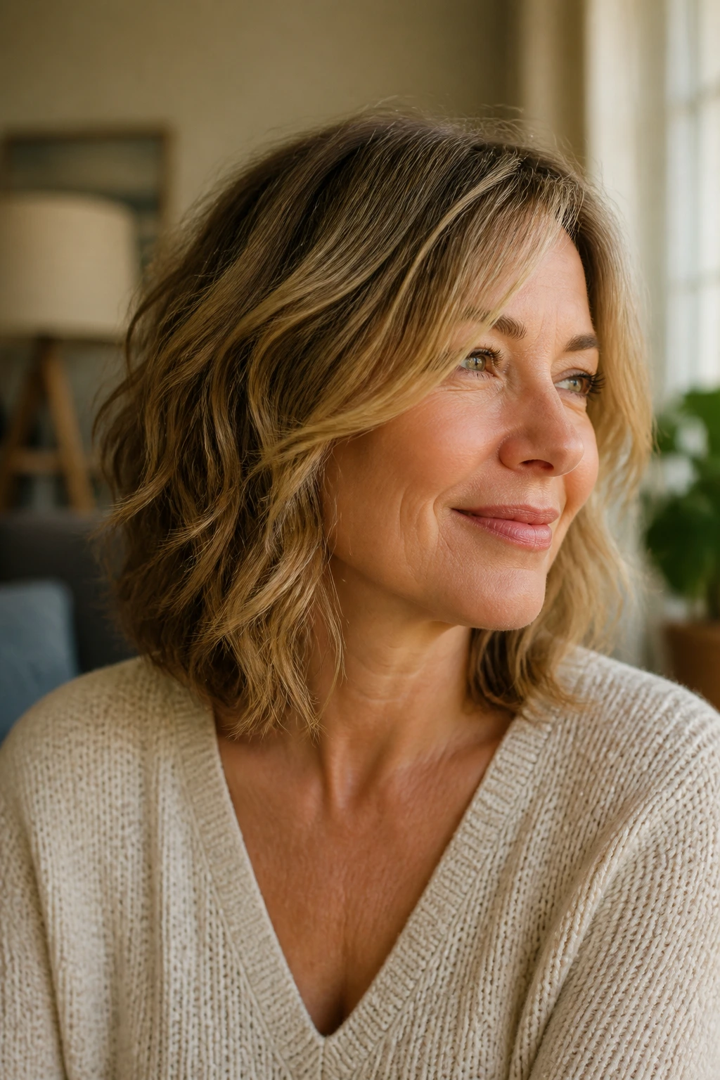 Close-up of a real woman with a shag-lite wavy bob featuring feathered layers.